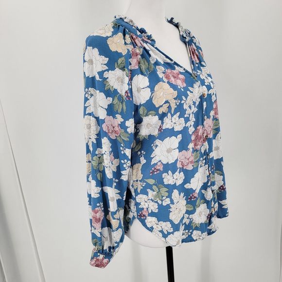 Alex & Jordan Blouse Womens Small Floral Blue Ruffle V Neck - Picture 4 of 10